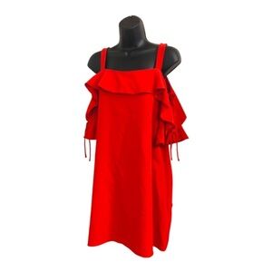 Laundry red poppy lace up‎ sleeves flutter neck cold shoulder dress size 2 new
